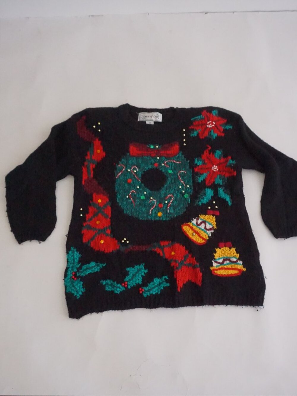 Vintage Spice of Life Black Wreath Poinsettia Bell Candy Cane Christmas SweaterM